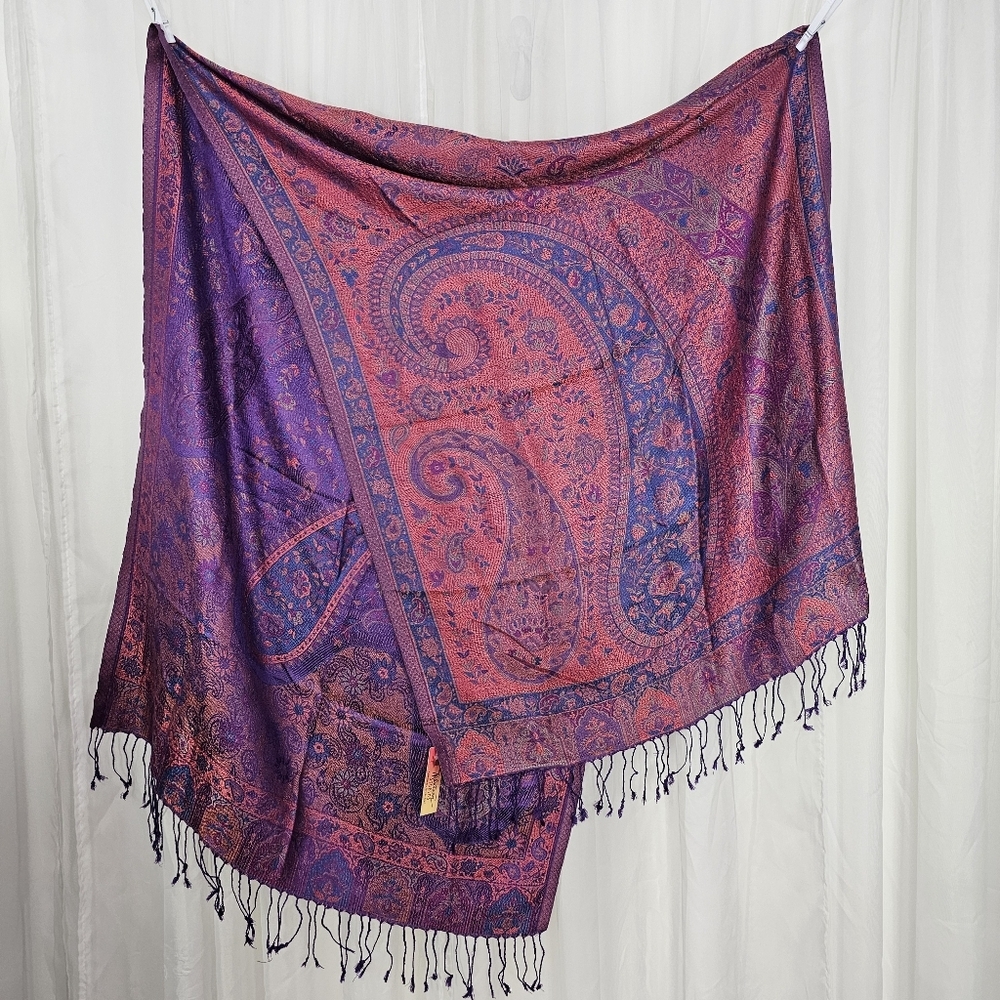 Alice Helstrom Studios India Silk And Wool Vibrant Paisley Shawl Pink Purple NWT